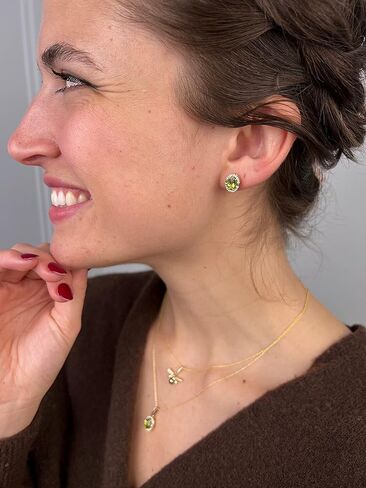 LE VIAN 1/5 Carat Diamond and 1 2/3 Carat Green Peridot Oval Halo Stud Earrings for Women in 14k Yellow Gold (G-H, SI1-SI2 / VS2-SI1, cttw) Push Back Studs by LeVian in Kuwait