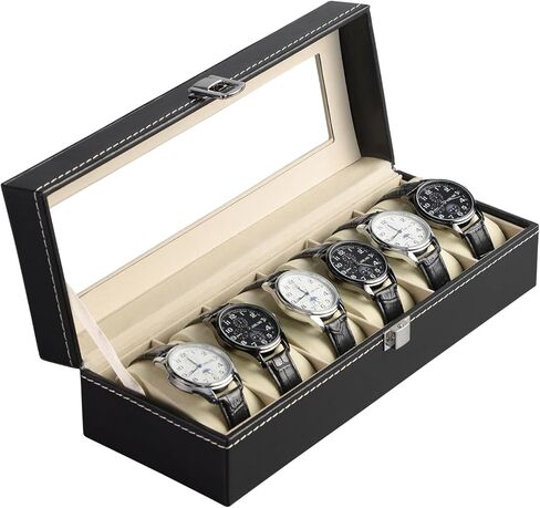 صندوق ساعة، حافظة ساعة ذات 6 فتحات مع غطاء زجاجي كبير، حافظة عرض ساعة مع وسائد ساعة قابلة للقفل والإزالة، منظم صندوق ساعة للرجال، أسود in Kuwait