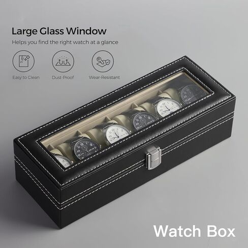 صندوق ساعة، حافظة ساعة ذات 6 فتحات مع غطاء زجاجي كبير، حافظة عرض ساعة مع وسائد ساعة قابلة للقفل والإزالة، منظم صندوق ساعة للرجال، أسود in Kuwait