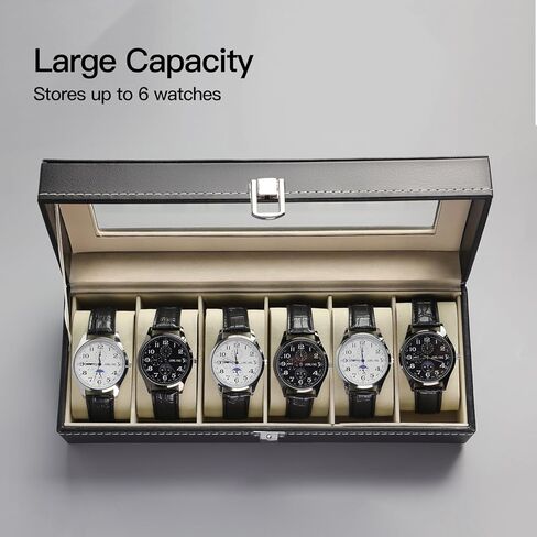 صندوق ساعة، حافظة ساعة ذات 6 فتحات مع غطاء زجاجي كبير، حافظة عرض ساعة مع وسائد ساعة قابلة للقفل والإزالة، منظم صندوق ساعة للرجال، أسود in Kuwait