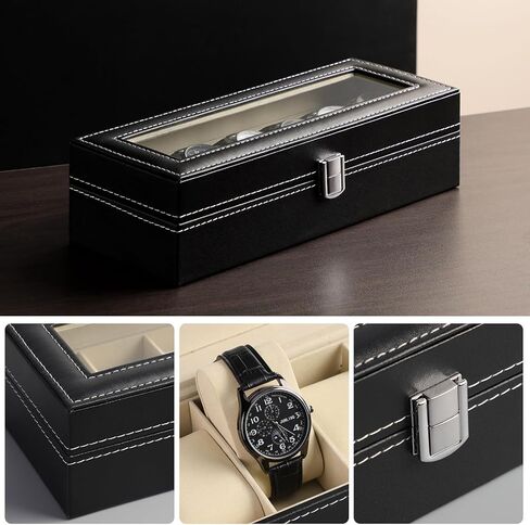 صندوق ساعة، حافظة ساعة ذات 6 فتحات مع غطاء زجاجي كبير، حافظة عرض ساعة مع وسائد ساعة قابلة للقفل والإزالة، منظم صندوق ساعة للرجال، أسود in Kuwait
