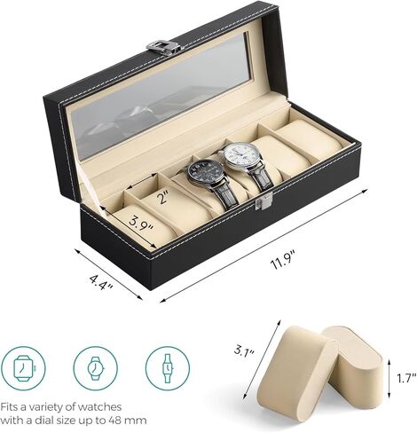 صندوق ساعة، حافظة ساعة ذات 6 فتحات مع غطاء زجاجي كبير، حافظة عرض ساعة مع وسائد ساعة قابلة للقفل والإزالة، منظم صندوق ساعة للرجال، أسود in Kuwait