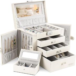 Homde Jewelry Box for Women Girls with Small Travel Case Mirror Necklace Ring Earrings Organizer White Wood Grain