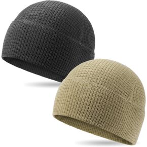 2 Pack Grid Fleece Beanie Watch Cap Waffle Beanie Tactical Beanie Multi-Season Army Military Fleece Beanie, Winter Warm Beanie, One Size, Black/Army Olive