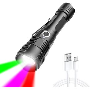 WINDFIRE 4 Color Multi-Color Tactical LED Flashlight Powerful Green White Red Purple Light Rechargeable Torch Zoomable Waterproof for Astronomy, Hunting, Fishing, UV Check