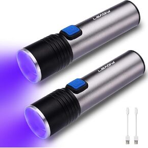 2-Pack Rechargeable 395nm Mini UV Flashlight with USB,Zoomable,Adjustable Brightness for Scorpion Hunting, Counterfeit Detection, UV Glue Curing, Jewelry Appraisa, Nail Art etc