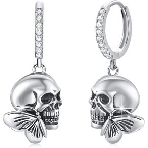Skull Earrings 925 Sterling Silver with Crystal Skull Dangle Drop Earrings Skull Goth Jewelry Halloween Christmas Decorations Jewelry Gifts for Women Girls