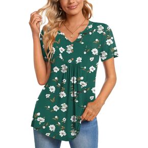 CATHY Womens Short Sleeve Tunic Tops Henley Shirt V-neck Button Up Blouse Casual Pleated Basic Pullover