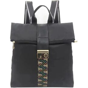 Women's Nylon Cloth Hippie Embroidery Bohemian Vintage Multi-pocket Waterproof Roll Cover Backpack Beach Bag (Black)
