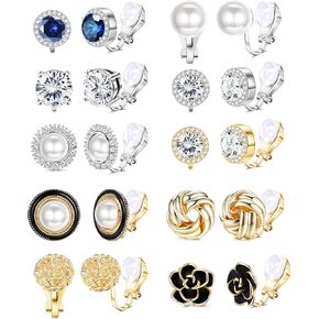 FIBO STEEL 10 Pairs Clip Earrings for Women Clip On Earrings for Non Pierced CZ Flower Simulated Freshwater Pearl Twist Knot Clip Earrings Sets Gold Silver Tone