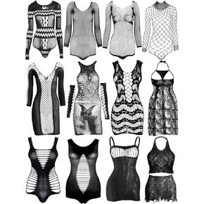 12 Pieces Women's Fishnet Lingerie Mesh Babydoll Bodysuit Lace Smock Lingerie for Women (Warm Color,Simple Style)