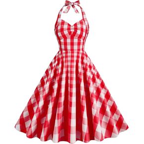 Plaid Dress for Women, Gingham Dress for Vintage 1950s Cocktail Birthday Party Retro Rockabilly Princess Swing Summer Midi Wedding Dance Ball Gowns 50's 60's Cosplay Costume Pink - Halter Plaid L