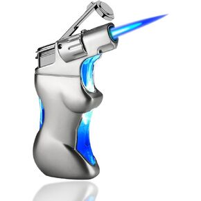 Torch Lighter with View Window Lighter, Refillable Butane Lighter, Cool Men's Lighter, Windproof Lighter, Butane Flame Lighter, Unique Men Women Gift Kitchen Cooking (No Gas) (Silver)
