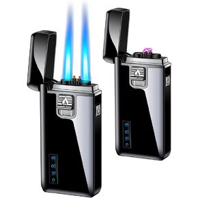Torch Lighter Electric Arc Lighter 2 in 1 Dual Jet Flame Butane Lighter Refillable Butane Dual Arc Electric Lighter USB Rechargeable Lighter Windproof Lighter for Candle Kitchen BBQ No Gas (Black)