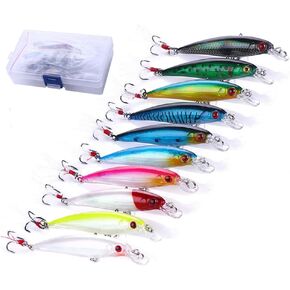 حزمة من 10 طعوم صيد سمك المنوة الصلبة مجموعة من البلاستيك الطعوم الصلبة لصيد الأسماك مجموعة طعوم المياه العلوية عدة طعوم سباحة باس كرانكبيت لسمك السلمون المرقط وسمك السمك الأحمر مع خطاف in Kuwait