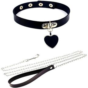 Caiyao Rivets Choker Punk Hauling Chain PU Leather Collar Metal Ring Gothic Necklace NightClub Goth Leash Belts Adjustable Size