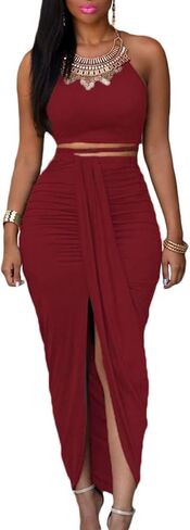 HUUSA Women's Sexy 2 Piece Skirt Sets Elegant Bodycon Maxi Dress Sleeveless Tank Shirt Tops High Waist Ruched Slit Long Dress in Saudi Arabia