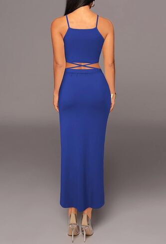 HUUSA Women's Sexy 2 Piece Skirt Sets Elegant Bodycon Maxi Dress Sleeveless Tank Shirt Tops High Waist Ruched Slit Long Dress in Kuwait