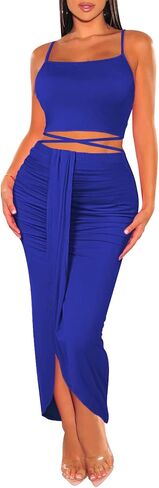 HUUSA Women's Sexy 2 Piece Skirt Sets Elegant Bodycon Maxi Dress Sleeveless Tank Shirt Tops High Waist Ruched Slit Long Dress in Kuwait