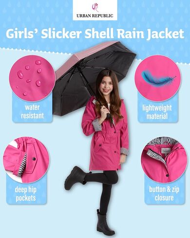 URBAN REPUBLIC Girls' Raincoat - Lightweight Waterproof Anorak Trench Coat - Slicker Shell Windbreaker Rain Jacket (7-16) in Kuwait