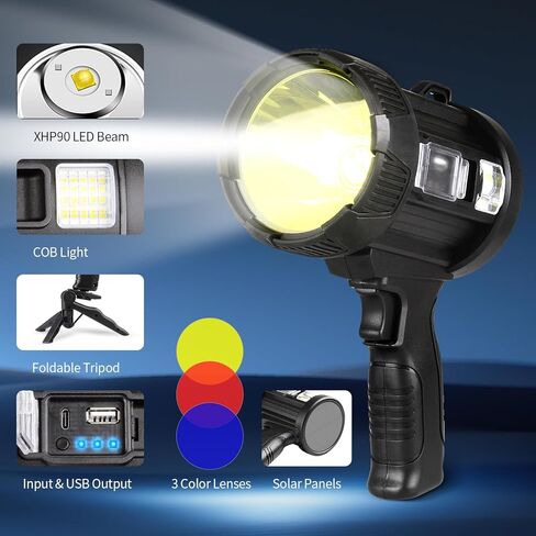 مصباح كشاف مع 900000 لومن مصباح كشاف محمول، IPX6 مقاوم للماء طويل المدى و6 أوضاع إضاءة قابلة لإعادة الشحن، حامل قابل للطي وعدسة حمراء قابلة للفصل (أحمر، أصفر، أزرق) in Kuwait