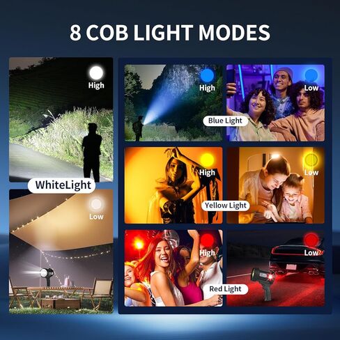 مصباح كشاف مع 900000 لومن مصباح كشاف محمول، IPX6 مقاوم للماء طويل المدى و6 أوضاع إضاءة قابلة لإعادة الشحن، حامل قابل للطي وعدسة حمراء قابلة للفصل (أحمر، أصفر، أزرق) in Kuwait