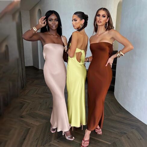 JUMISEE Women's Satin Strapless Maxi Dress Sexy Sleeveless Backless Draped Bodycon Long Cocktail Evening Party Dress in Kuwait