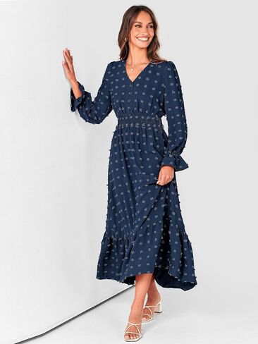 MASCOMODA Women Boho Maxi Dress 2023 Long Sleeve V Neck Swiss Dot Smocked High Waisted A-Line Ruffle Tiered Fall Long Dress in Kuwait