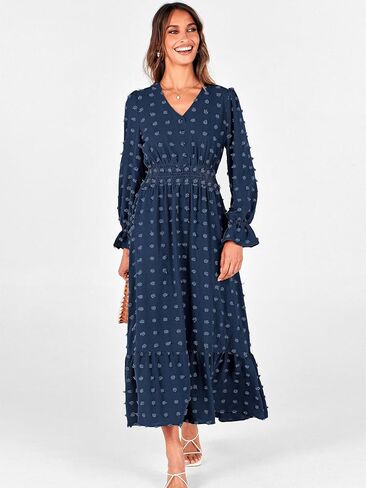 MASCOMODA Women Boho Maxi Dress 2023 Long Sleeve V Neck Swiss Dot Smocked High Waisted A-Line Ruffle Tiered Fall Long Dress in Kuwait