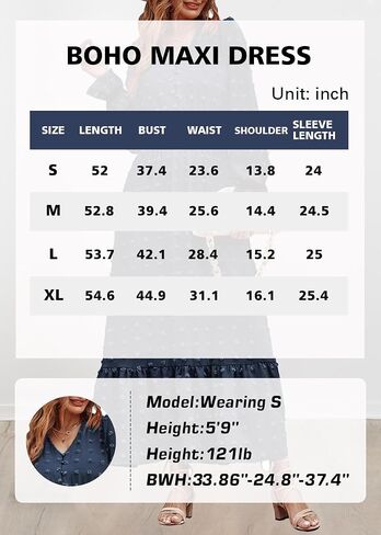 MASCOMODA Women Boho Maxi Dress 2023 Long Sleeve V Neck Swiss Dot Smocked High Waisted A-Line Ruffle Tiered Fall Long Dress in Kuwait