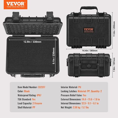 VEVOR Hard Pistol Cases with Pre-cut PU Foam, Waterproof & Dustproof Hard Gun Case for 2 Pistol, 14.4×11.6×7.8 in Lockable Pistol Case, Black in Saudi Arabia