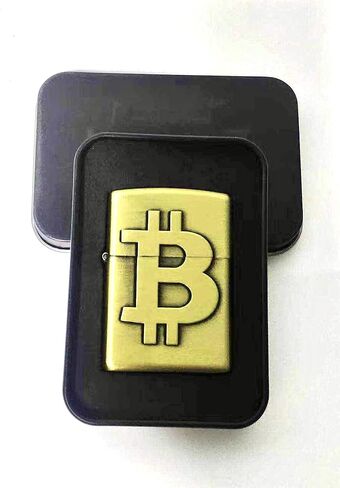 Bitcoin Gold Lighter - Engraved Windproof Refillable Oil Wick Brass Lighter Vintage Flip Top Includes Portable Black Aluminum Stash Box for The Holidays in Saudi Arabia