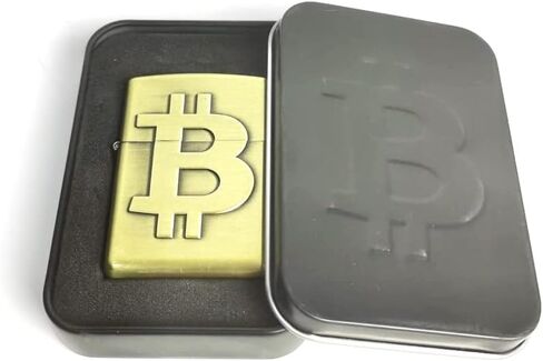 Bitcoin Gold Lighter - Engraved Windproof Refillable Oil Wick Brass Lighter Vintage Flip Top Includes Portable Black Aluminum Stash Box for The Holidays in Saudi Arabia
