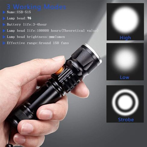 Small Rechargeable Flashlight, LED Mini Rechargeable USB Torch High Lumen 10W T6 Zoomable Adjustable Portable Black Light Flash Light in Saudi Arabia