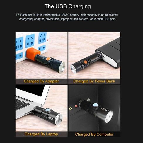 Small Rechargeable Flashlight, LED Mini Rechargeable USB Torch High Lumen 10W T6 Zoomable Adjustable Portable Black Light Flash Light in Saudi Arabia