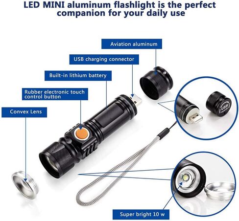 Small Rechargeable Flashlight, LED Mini Rechargeable USB Torch High Lumen 10W T6 Zoomable Adjustable Portable Black Light Flash Light in Saudi Arabia