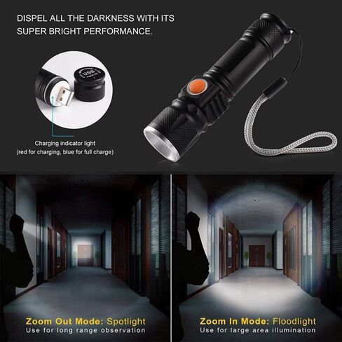 Small Rechargeable Flashlight, LED Mini Rechargeable USB Torch High Lumen 10W T6 Zoomable Adjustable Portable Black Light Flash Light in Saudi Arabia