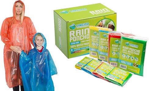 Lingito Rain Ponchos Family Pack - Emergency Drawstring Hood Poncho for Children & Adults Lightweight Reusable or Disposable in Kuwait