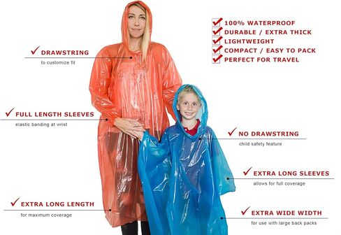 Lingito Rain Ponchos Family Pack - Emergency Drawstring Hood Poncho for Children & Adults Lightweight Reusable or Disposable in Kuwait