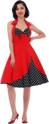 فستان منقوش للنساء، فستان من القماش القطني لحفلات الكوكتيل العتيقة في الخمسينيات من القرن العشرين وحفلات أعياد الميلاد وحفلات أعياد الميلاد من روكابيلي ريترو أميرة روكابيلي سوينغ صيفية متوسطة الطول لحفلات الزفاف والرقص في الخمسينيات والستينات زي تنكري ورد in Kuwait