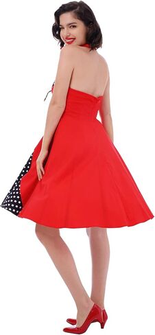 فستان منقوش للنساء، فستان من القماش القطني لحفلات الكوكتيل العتيقة في الخمسينيات من القرن العشرين وحفلات أعياد الميلاد وحفلات أعياد الميلاد من روكابيلي ريترو أميرة روكابيلي سوينغ صيفية متوسطة الطول لحفلات الزفاف والرقص في الخمسينيات والستينات زي تنكري ورد in Kuwait