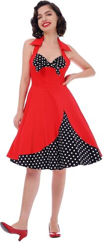 فستان منقوش للنساء، فستان من القماش القطني لحفلات الكوكتيل العتيقة في الخمسينيات من القرن العشرين وحفلات أعياد الميلاد وحفلات أعياد الميلاد من روكابيلي ريترو أميرة روكابيلي سوينغ صيفية متوسطة الطول لحفلات الزفاف والرقص في الخمسينيات والستينات زي تنكري ورد in Kuwait