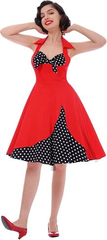 فستان منقوش للنساء، فستان من القماش القطني لحفلات الكوكتيل العتيقة في الخمسينيات من القرن العشرين وحفلات أعياد الميلاد وحفلات أعياد الميلاد من روكابيلي ريترو أميرة روكابيلي سوينغ صيفية متوسطة الطول لحفلات الزفاف والرقص في الخمسينيات والستينات زي تنكري ورد in Kuwait