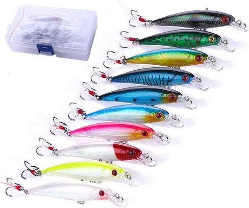 حزمة من 10 طعوم صيد سمك المنوة الصلبة مجموعة من البلاستيك الطعوم الصلبة لصيد الأسماك مجموعة طعوم المياه العلوية عدة طعوم سباحة باس كرانكبيت لسمك السلمون المرقط وسمك السمك الأحمر مع خطاف in Kuwait