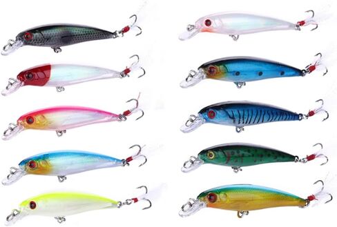 حزمة من 10 طعوم صيد سمك المنوة الصلبة مجموعة من البلاستيك الطعوم الصلبة لصيد الأسماك مجموعة طعوم المياه العلوية عدة طعوم سباحة باس كرانكبيت لسمك السلمون المرقط وسمك السمك الأحمر مع خطاف in Kuwait