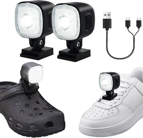 Croc Lights for Shoes Rechargeable, 2pcs Headlights for Croc, Waterproof Flashlight Attachment for Croc, Adjustable Camping Accessories for Kids Adults, Dog Walking, Running (Black) in Kuwait