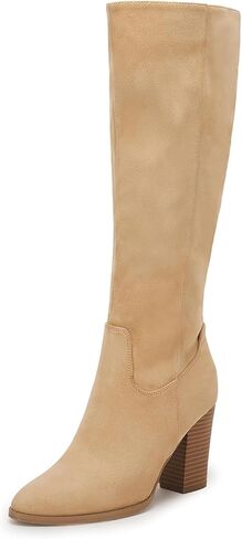 Coutgo Womens Faux Suede Knee High Boots Side Zipper Chunky Heel Stretch Winter Boots in Kuwait