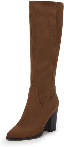 Coutgo Womens Faux Suede Knee High Boots Side Zipper Chunky Heel Stretch Winter Boots in Kuwait
