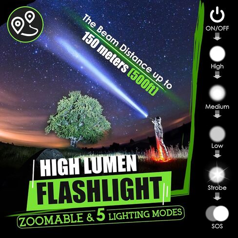 Powerful LED Flashlights with High Lumens and 5 Modes of Light, Rechargeable Portable Pocket Flash Light Charging IPX5 Waterproof Flashlight with XHP LED Bulb for Emergency, Camping, and Outdoor Use in Saudi Arabia