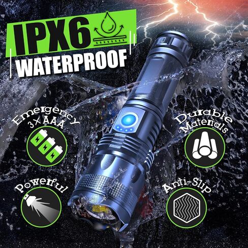 Powerful LED Flashlights with High Lumens and 5 Modes of Light, Rechargeable Portable Pocket Flash Light Charging IPX5 Waterproof Flashlight with XHP LED Bulb for Emergency, Camping, and Outdoor Use in Saudi Arabia